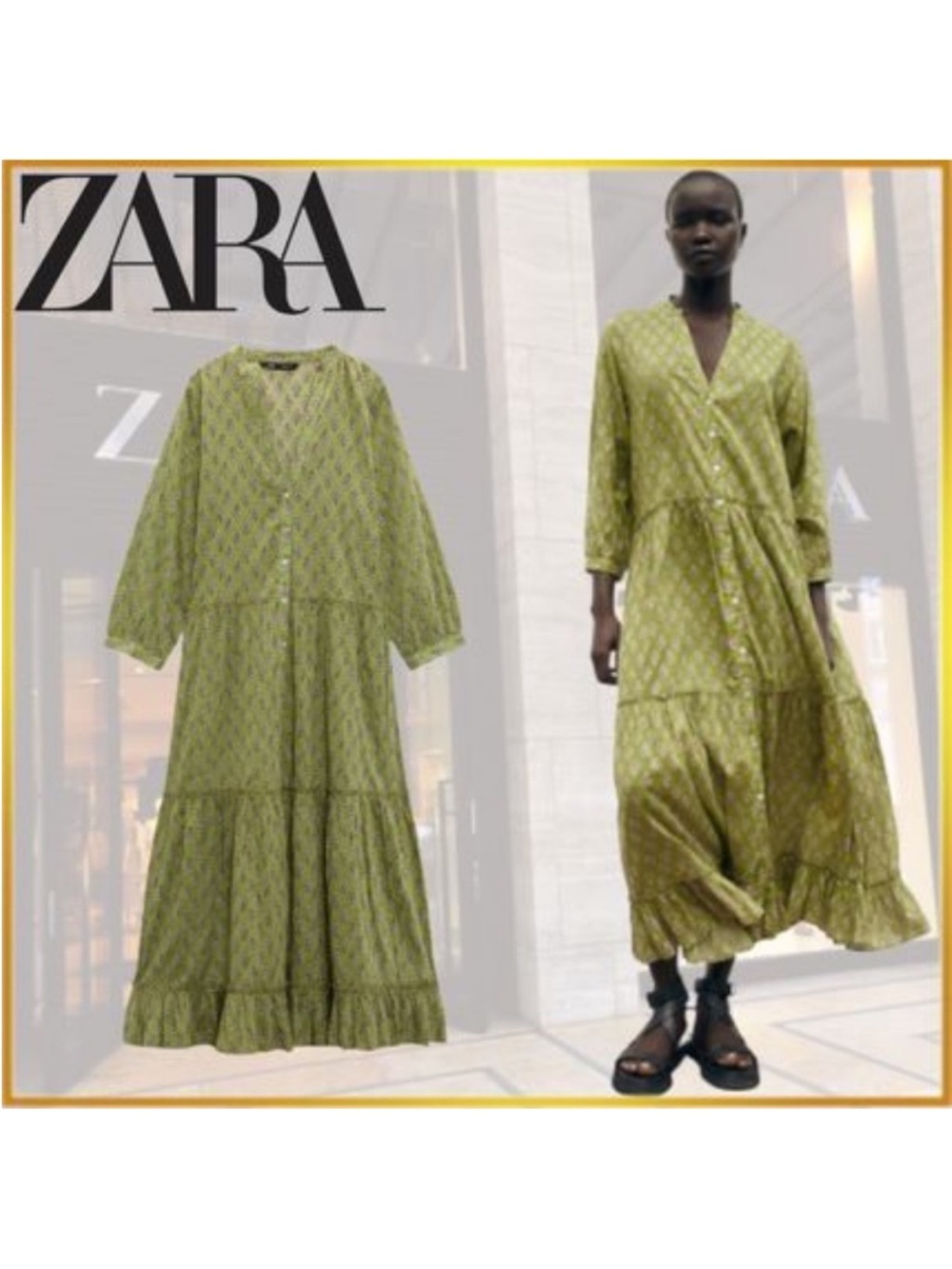 Zara Light Olive Green Printed Tiered V-Neck Maxi Dress